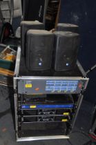 A 16U FLIGHTCASED RACK containing two Skytec Pro600 power amplifiers, a Cloud Z4 mk2 Venue Mixer,