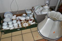 TWO BOXES OF AYNSLEY AND ROYAL ALBERT TEA WARES AND A TABLE LAMP, to include Royal Albert 'Lady