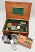 A BOX OF COINS AND ITEMS, to include a bag of British One Penny coins, a bag of Half Penny coins,