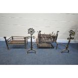 AN ARTS AND CRAFTS CAST IRON FIRE GRATE, with a rectangular basket, on a pair of andirons with