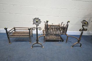 AN ARTS AND CRAFTS CAST IRON FIRE GRATE, with a rectangular basket, on a pair of andirons with