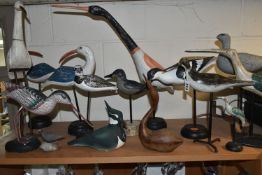A COLLECTION OF WOODEN AND CERAMIC SHORE BIRDS, including a Helmsdale Pottery Lapwing, a mid-
