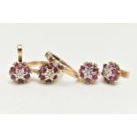 TWO 9CT GOLD RUBY AND DIAMOND RINGS, EARRINGS AND A PENDANT, the first a cluster ring, set with a