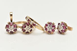 TWO 9CT GOLD RUBY AND DIAMOND RINGS, EARRINGS AND A PENDANT, the first a cluster ring, set with a