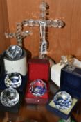 A GROUP OF SWAROVSKI CRYSTAL AND OTHER CRYSTAL CROSSES, PAPERWEIGHTS AND ORNAMENTS, comprising boxed