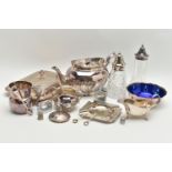 A BOX OF ASSORTED WHITE METAL, to include a tea pot, serving dish, sugar casters, sauce jug, ash