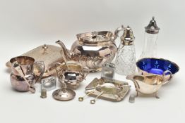 A BOX OF ASSORTED WHITE METAL, to include a tea pot, serving dish, sugar casters, sauce jug, ash