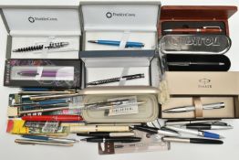 A BOX OF ASSORTED PENS, to include a boxed 'Sheaffer' propelling pencil, a boxed 'Parker' ball point