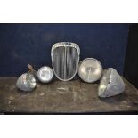 A SELECTION OF VINTAGE AUTOMOTIVE PARTS including chromed front grille, width 37cm x height 51cm,