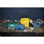 TWO TOOLBOXES AND THREE TRAYS CONTAINING TOOLS including ratchets, spanners, a Kamasa socket set,