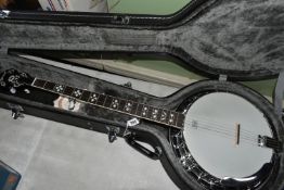 A CONTEMPORARY OZARK BANJO, with a Remo Weatherking banjo head, overall length 96cm, together with a