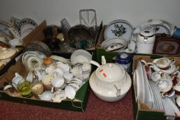 SIX BOXES OF DINNERWARE AND GLASSWARE, to include a large cream soup tureen with ladle and lid, a