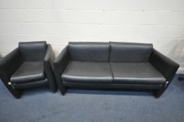 A BLACK LEATHER TWO PIECE OFFICE/LOUNGE SUITE, possibly BOSS design, comprising a two seater settee,