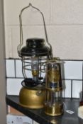 A MINERS LAMP, brass makers plaque too rubbed to read but is marked No.3168, glass may be modern