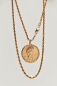 A 9CT GOLD ROPE TWIST CHAIN WITH ST.CHRISTOPHER PENDANT, chain fitted with a lobster clasp,