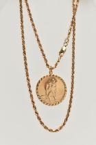 A 9CT GOLD ROPE TWIST CHAIN WITH ST.CHRISTOPHER PENDANT, chain fitted with a lobster clasp,