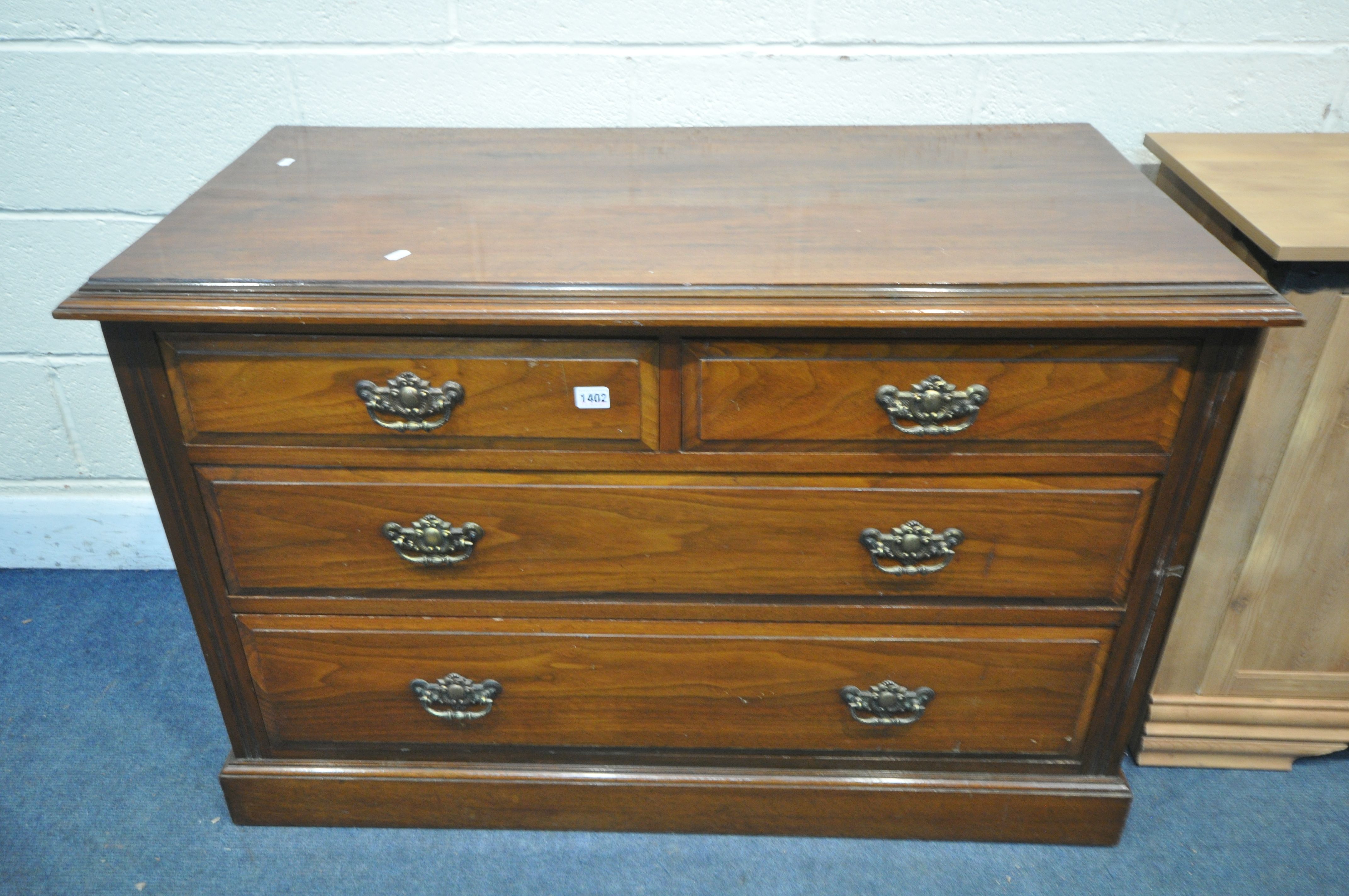 AN EDWARDIAN WALNUT CHEST OF TWO OVER TO LONG DRAWERS, width 113cm x depth 54cm x height 74cm, and a - Image 2 of 3