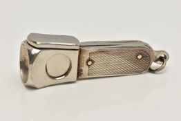 A LATE 20TH CENTURY SILVER CIGAR CUTTER, engine turned pattern with manual mechanism, hallmarked '