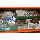 TWO BOXES OF CERAMICS AND GLASSWARE, comprising a clear pressed glass dressing table set, a blue and