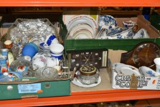 TWO BOXES OF CERAMICS AND GLASSWARE, comprising a clear pressed glass dressing table set, a blue and