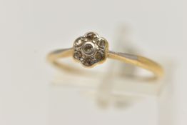 A YELLOW AND WHITE METAL DIAMOND CLUSTER RING, small flower cluster, set with rose cut diamonds,