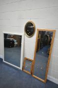 A LARGE CREAM FRAMED BEVELLED EDGE WALL MIRROR, along with two rectangular mirrors (condition