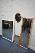 A LARGE CREAM FRAMED BEVELLED EDGE WALL MIRROR, along with two rectangular mirrors (condition