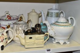 A COLLECTION OF TEAPOTS AND COFFEE POTS, sixteen pieces including some novelty examples,
