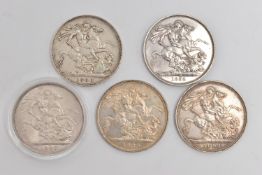 A GROUP OF VICTORIAN CROWN COINS, to include 1887, 1888 narrow date, 1889, LX111 slight edge knock