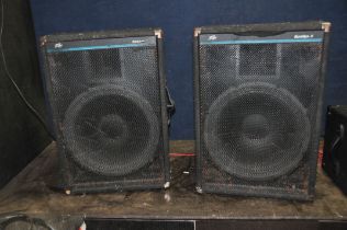 A PAIR OF PEAVEY EUROSYS 3 PA SPEAKERS with jack inputs (one horn inoperable) (Condition some fabric