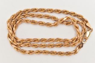 A 9CT GOLD ROPE TWIST CHAIN, fitted with a lobster clasp, hallmarked 9ct London import, length