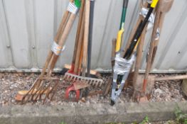 THREE BUNDLES OF GARDEN TOOLS including forks, rakes, hoes, spades, shears etc