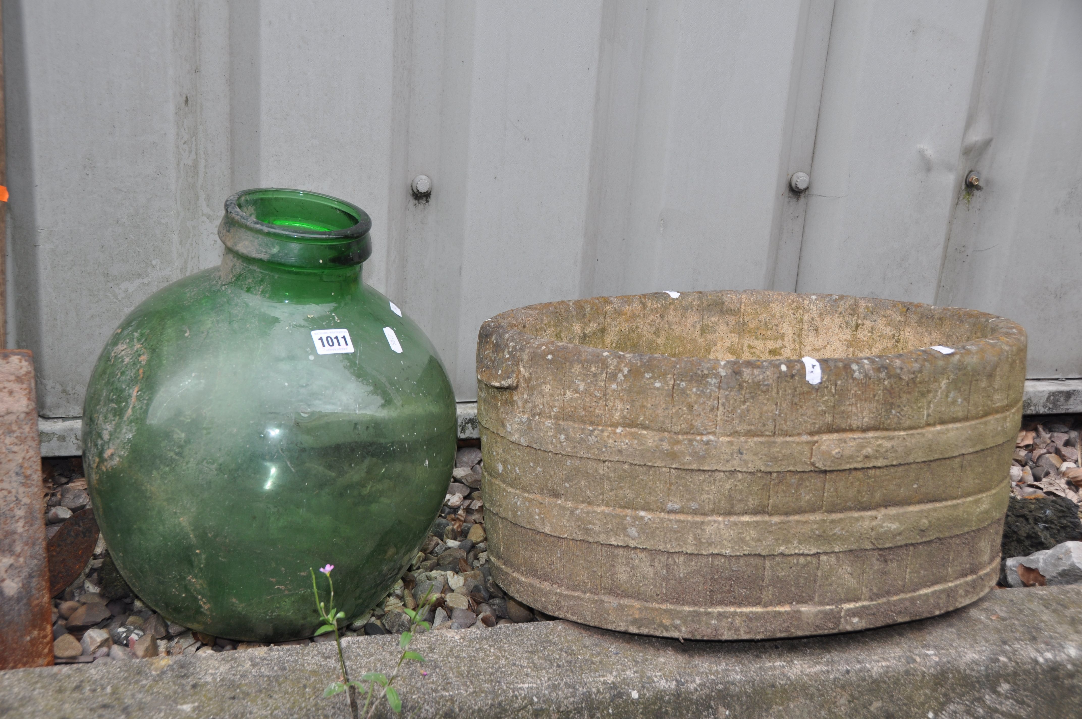 A MODERN COMPOSITE BARREL EFFECT OVAL PLANTER width 52cm depth 33cm height 24cm and a green glass - Image 2 of 3