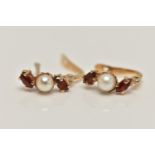 A PAIR OF YELLOW METAL GARNET AND PEARL EARRINGS, each earring set with a single cultured pearl