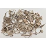A SELECTION OF SILVER AND WHITE METAL JEWELLERY, to include a charm bracelet suspending 21 charms