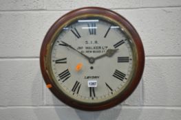 A MAHOGANY CIRCULAR SINGLE FUSEE WALL CLOCK, the glazed door enclosing a 11 inch dial with Roman