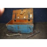 A VINTAGE WOODEN TOOLBOX containing vintage tools, hardware etc width 62cm x depth 32cm x height