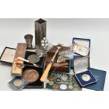 A BOX OF ASSORTED ITEMS, to include a cased silver 'The Manchester Metropolitan University'