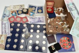 A CARDBOARD BOX OF MIXED COINAGE, to include a 2011 complete set of Fifty Pence coins for the 2012