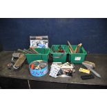 FOUR SMALL TRAYS AND LOOSE CONTAINING TOOLS including a boxed Stanley Bailey No4 plane a drain
