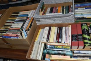 SIX BOXES OF BOOKS containing approximately 245 titles in hardback and paperback formats and