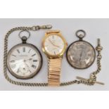 TWO POCKET WATCHES AND A WRISTWATCH, the first an open face pocket watch signed 'Kendal & Dent