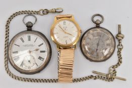 TWO POCKET WATCHES AND A WRISTWATCH, the first an open face pocket watch signed 'Kendal & Dent