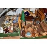 THREE BOXES OF TREEN, to include barometers, cigarette boxes, pin cushion, candle sticks, ornaments,