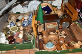 THREE BOXES OF TREEN, to include barometers, cigarette boxes, pin cushion, candle sticks, ornaments,