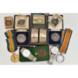 A BOX OF MEDALS, MEDALLIONS AND TWO WRISTWATCHES, to include a WWI 1914-1919 Victory medal with