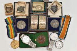A BOX OF MEDALS, MEDALLIONS AND TWO WRISTWATCHES, to include a WWI 1914-1919 Victory medal with