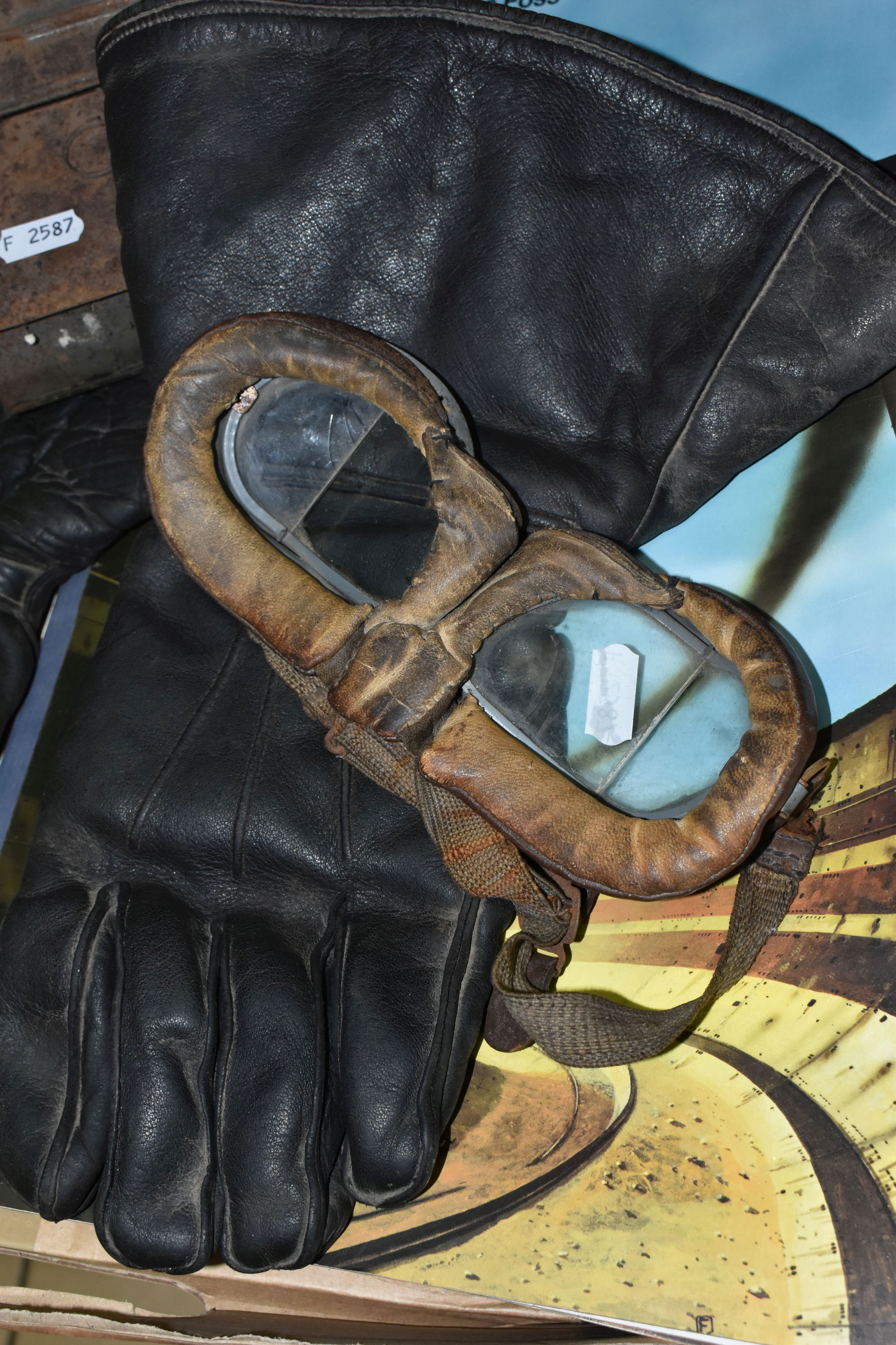 A PAIR OF MILLETS VINTAGE LEATHER GAUNTLETS, wool lined, some marking and wear, with a pair of - Image 2 of 4