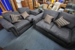 A DFS SLATE SUADE UPHOLSTERED TWO PIECE SUITE, comprising of two two seaters, length 183cm x depth