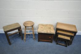 AN OAK NEST OF THREE TABLES, a stained beech stool, an elm circular stools, and a stained storage